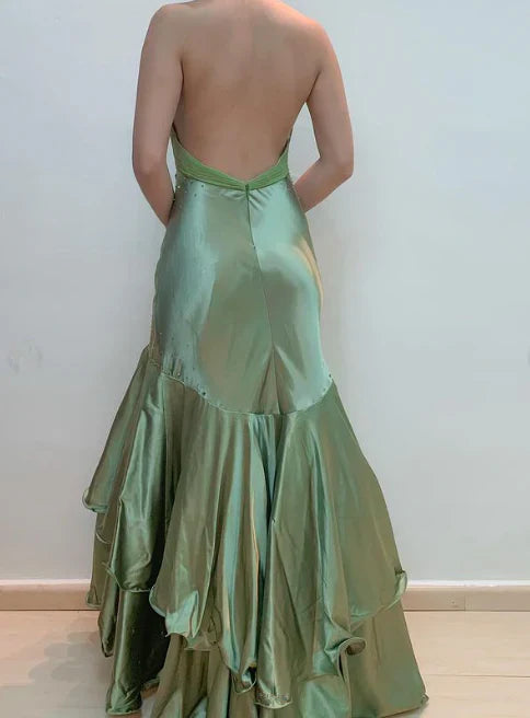 Tiendas de vestidos de fiesta Weitese Dress Vestido de fiesta largo de sirena con cuello halter, espalda descubierta y cuentas, verde
